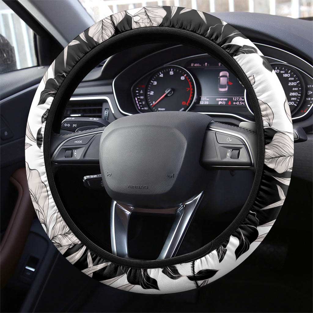 Black White Monotone Tropical Flowers Pattern Steering Wheel Cover LT01 - Polynesian Pride