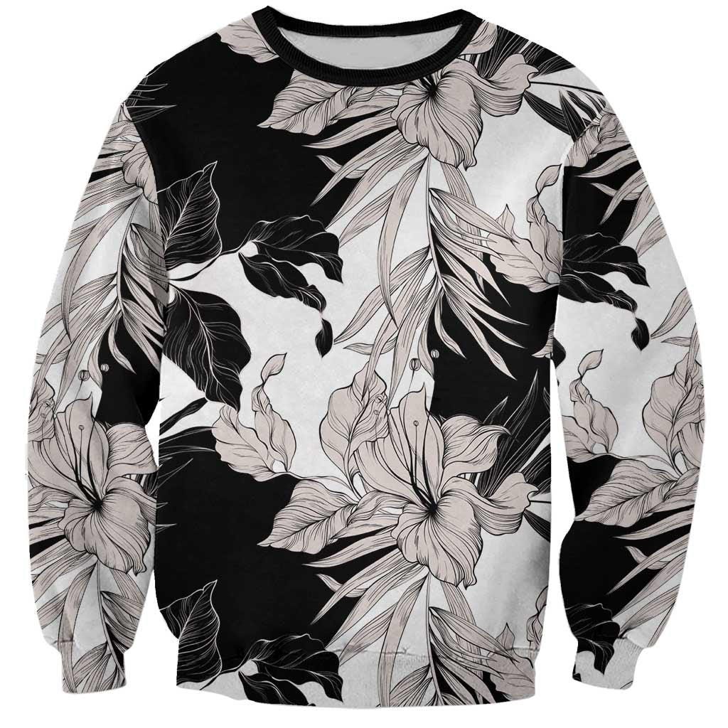 Black White Monotone Tropical Flowers Pattern Sweatshirt LT01 Unisex Black - Polynesian Pride
