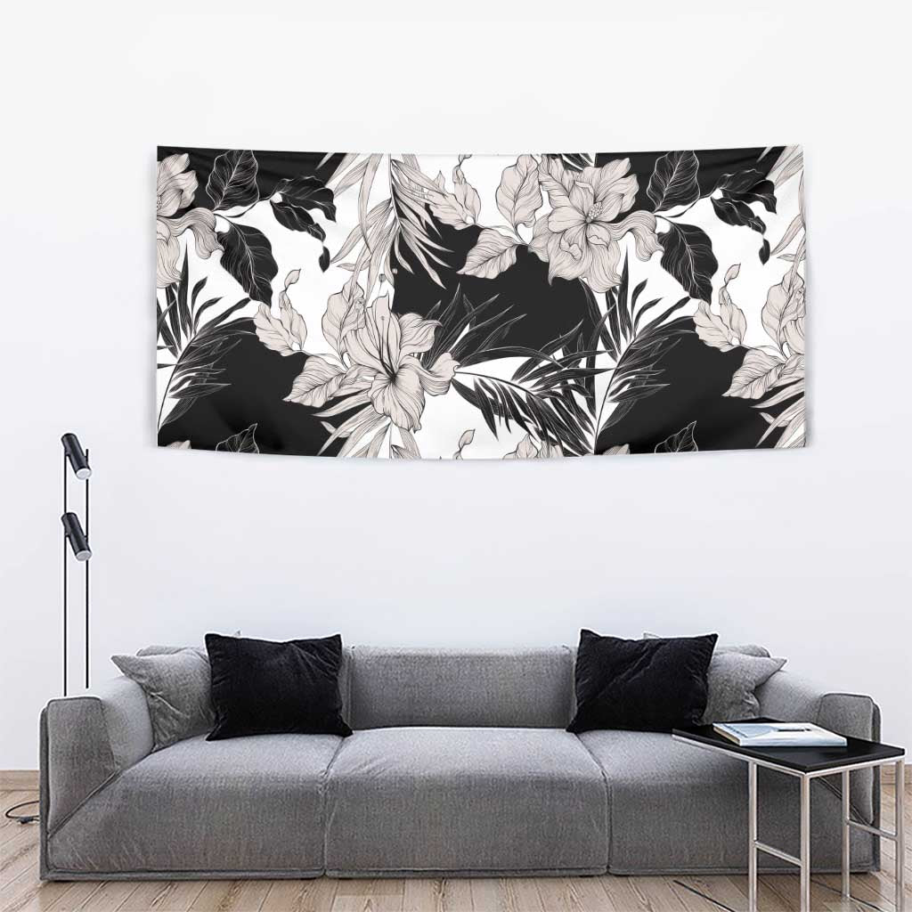 Black White Monotone Tropical Flowers Pattern Tapestry - Polynesian Pride
