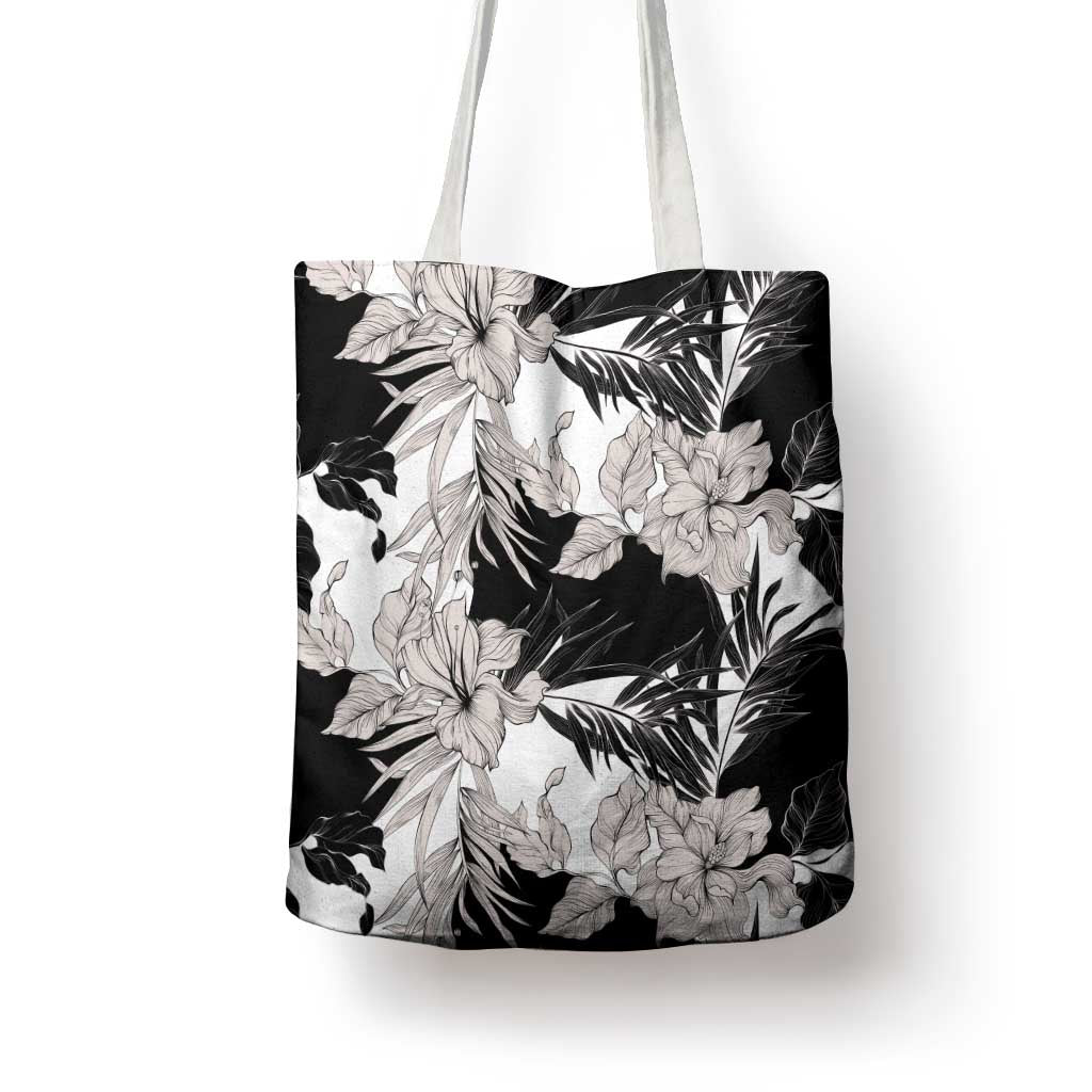 Black White Monotone Tropical Flowers Pattern Tote Bag - Polynesian Pride