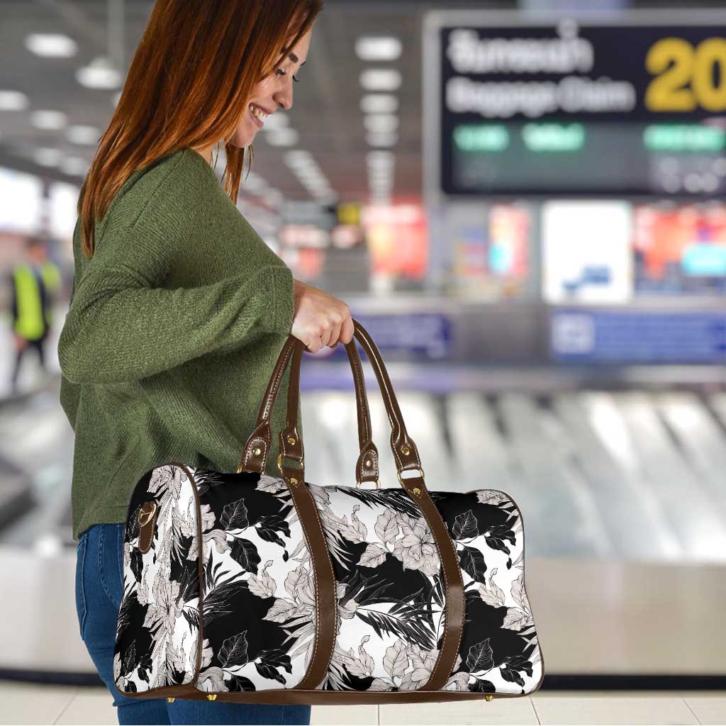 Black White Monotone Tropical Flowers Pattern Travel Bag - Polynesian Pride