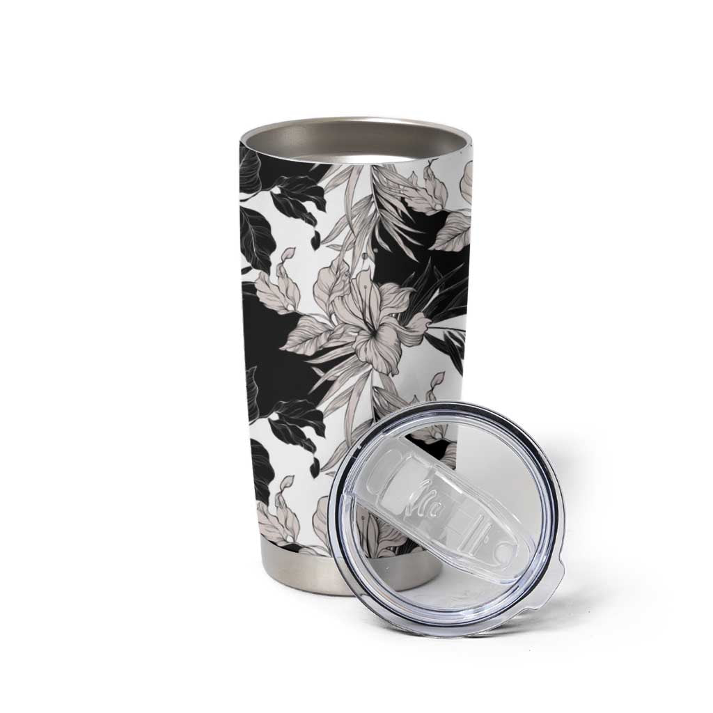 Black White Monotone Tropical Flowers Pattern Tumbler Cup - Polynesian Pride