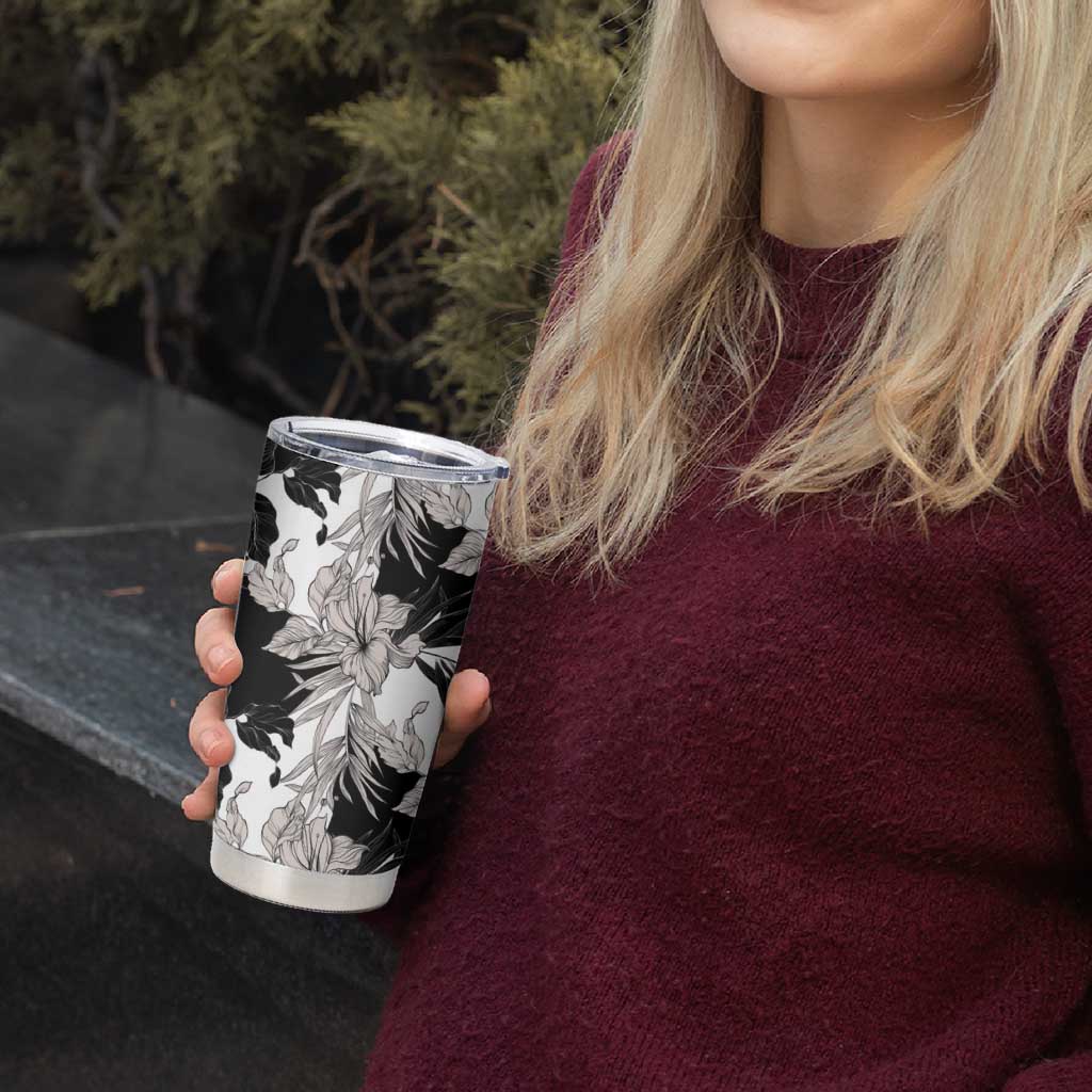 Black White Monotone Tropical Flowers Pattern Tumbler Cup - Polynesian Pride