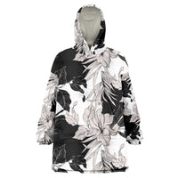 Black White Monotone Tropical Flowers Pattern Wearable Blanket Hoodie LT01 One Size Black - Polynesian Pride