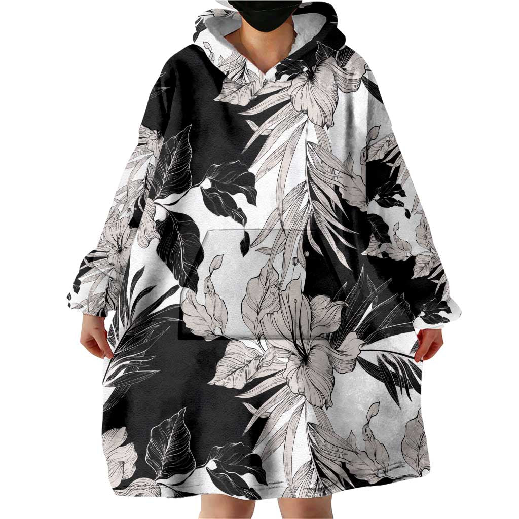 Black White Monotone Tropical Flowers Pattern Wearable Blanket Hoodie LT01 - Polynesian Pride