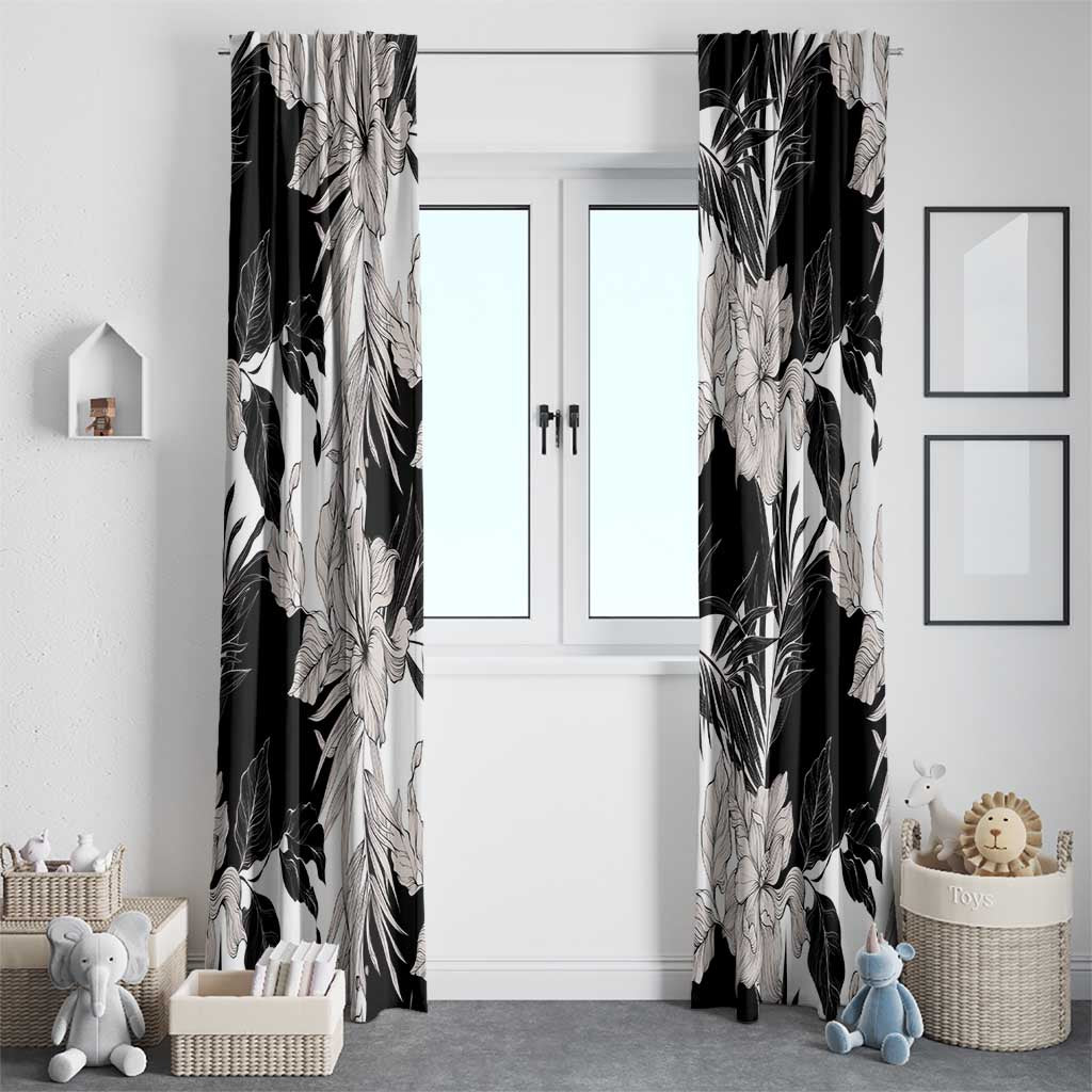 Black White Monotone Tropical Flowers Pattern Window Curtain - Polynesian Pride