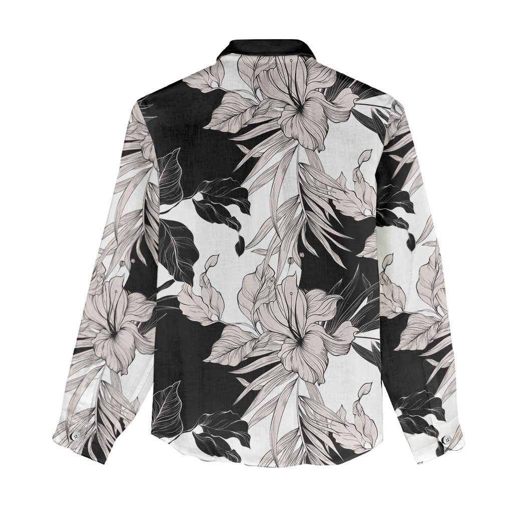 Black White Monotone Tropical Flowers Pattern Women Casual Shirt - Polynesian Pride