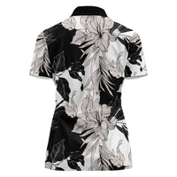 Black White Monotone Tropical Flowers Pattern Women Polo Shirt - Polynesian Pride