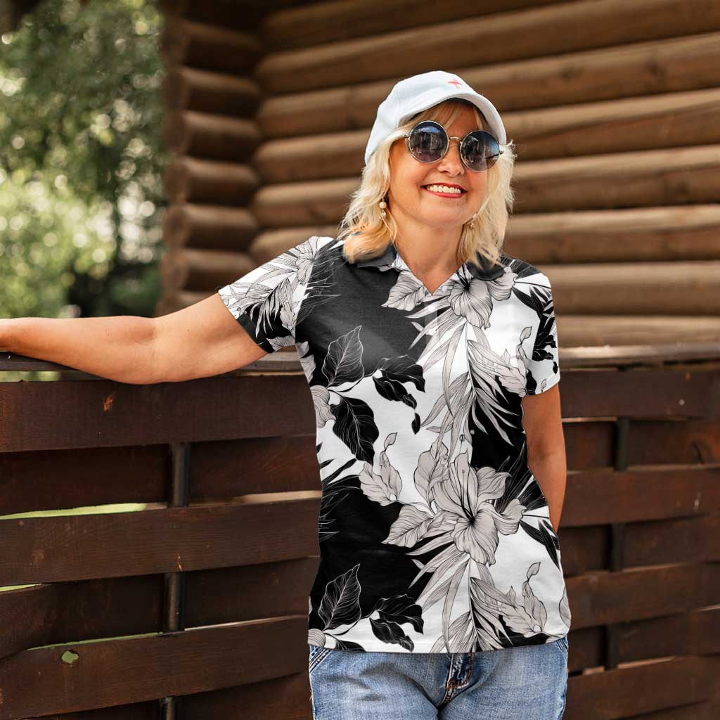 Black White Monotone Tropical Flowers Pattern Women Polo Shirt - Polynesian Pride