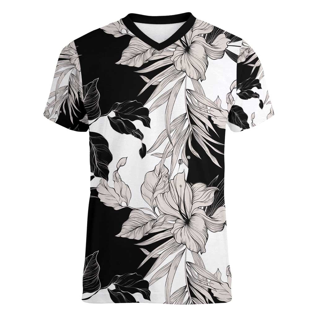 Black White Monotone Tropical Flowers Pattern Women V-Neck T-Shirt - Polynesian Pride