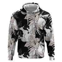 Black White Monotone Tropical Flowers Pattern Zip Hoodie - Polynesian Pride
