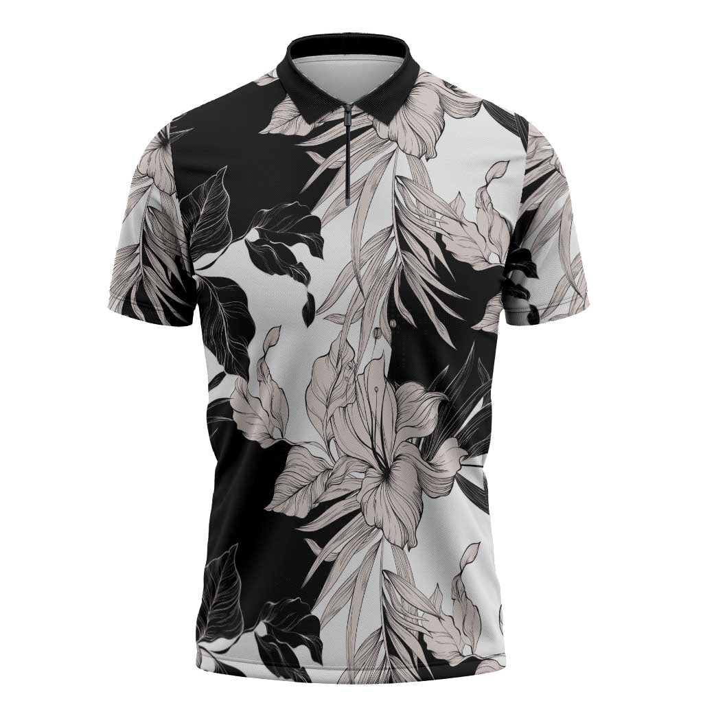 Black White Monotone Tropical Flowers Pattern Zipper Polo Shirt LT01 Black - Polynesian Pride