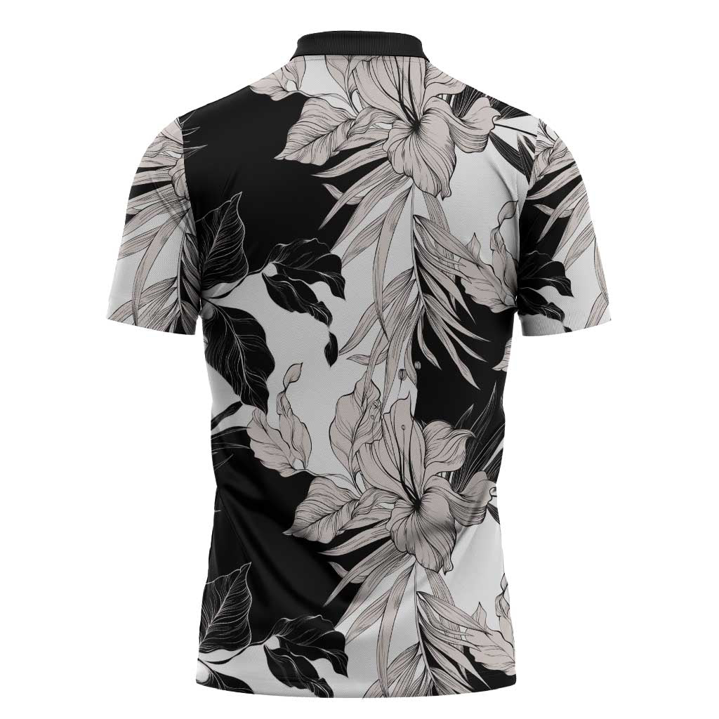 Black White Monotone Tropical Flowers Pattern Zipper Polo Shirt LT01 - Polynesian Pride