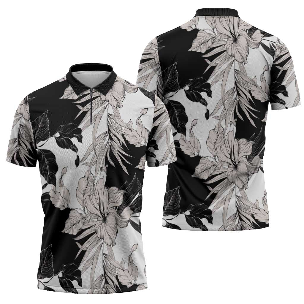 Black White Monotone Tropical Flowers Pattern Zipper Polo Shirt LT01 - Polynesian Pride