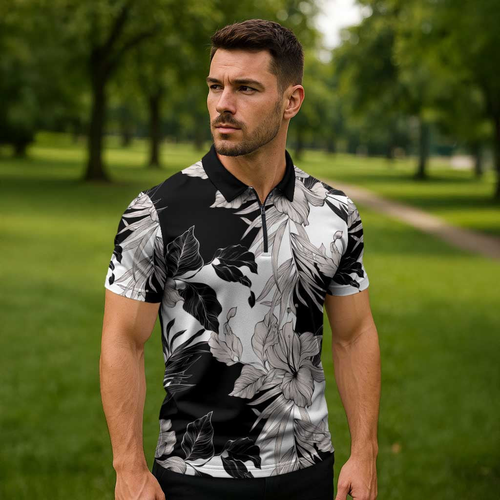 Black White Monotone Tropical Flowers Pattern Zipper Polo Shirt LT01 - Polynesian Pride