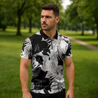 Black White Monotone Tropical Flowers Pattern Zipper Polo Shirt LT01 - Polynesian Pride