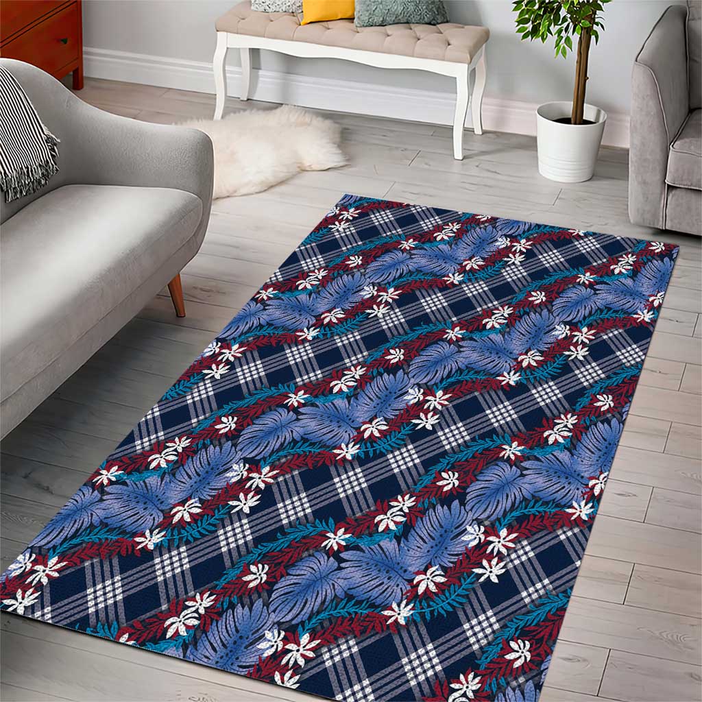 Polynesian Monstera Tiare Floral Area Rug Royal Blue Tropical Plaid - Polynesian Pride
