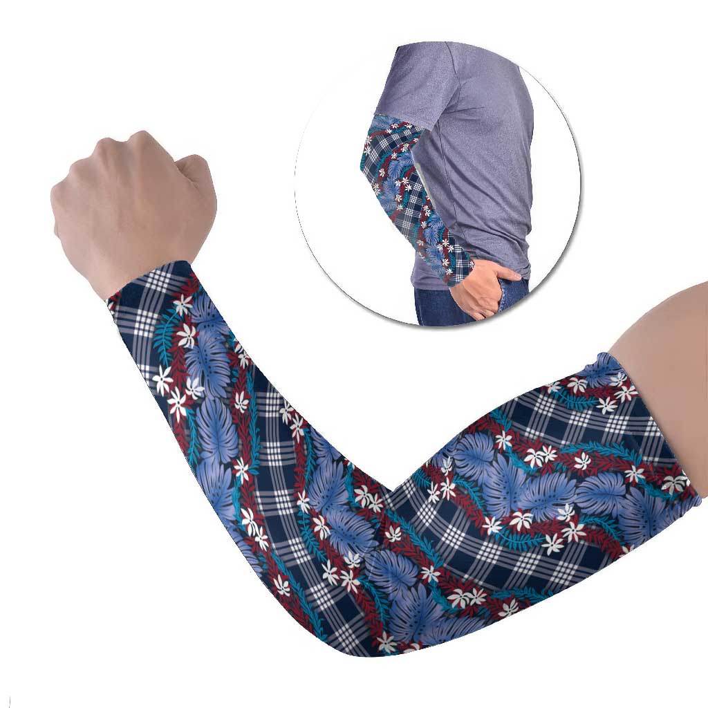 Polynesian Monstera Tiare Floral Arm Sleeves Royal Blue Tropical Plaid LT01 Set of 2 Blue - Polynesian Pride