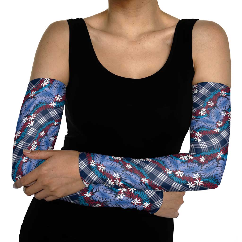 Polynesian Monstera Tiare Floral Arm Sleeves Royal Blue Tropical Plaid LT01 - Polynesian Pride