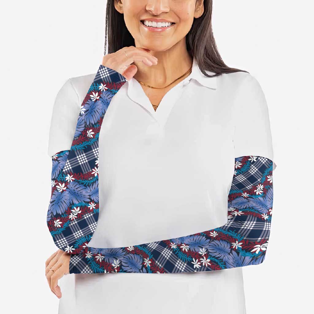 Polynesian Monstera Tiare Floral Arm Sleeves Royal Blue Tropical Plaid LT01 - Polynesian Pride