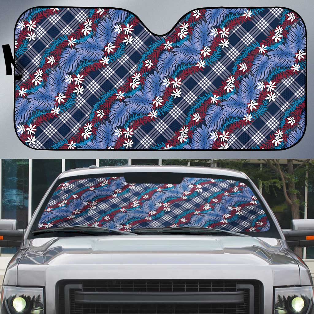 Polynesian Monstera Tiare Floral Auto Sun Shade Royal Blue Tropical Plaid - Polynesian Pride