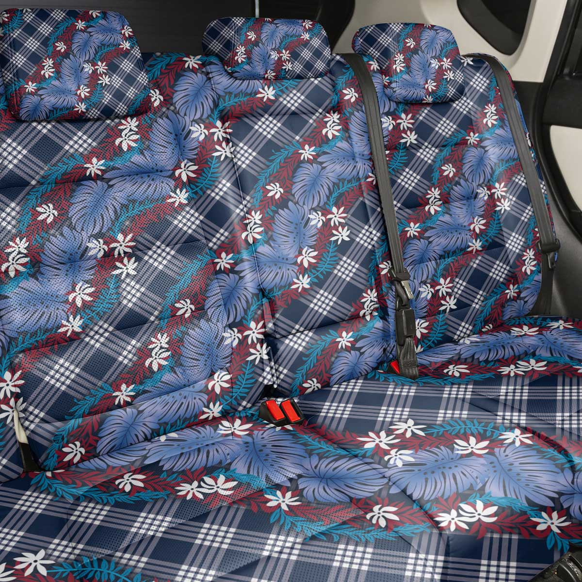 Polynesian Monstera Tiare Floral Back Car Seat Cover Royal Blue Tropical Plaid LT01 - Polynesian Pride