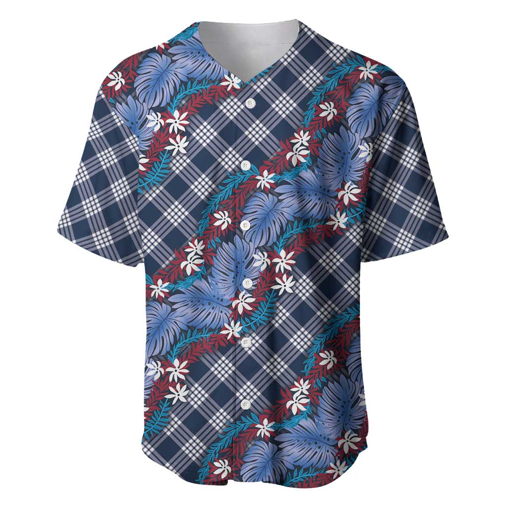 Polynesian Monstera Tiare Floral Baseball Jersey Royal Blue Tropical Plaid LT01 Blue - Polynesian Pride