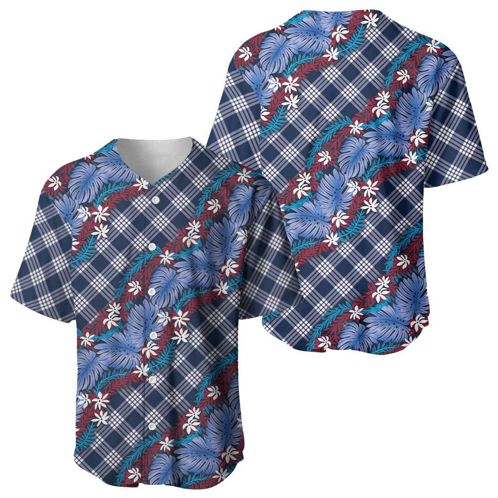 Polynesian Monstera Tiare Floral Baseball Jersey Royal Blue Tropical Plaid LT01 - Polynesian Pride
