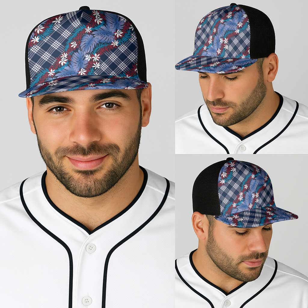 Polynesian Monstera Tiare Floral Baseball Net Cap Royal Blue Tropical Plaid - Polynesian Pride