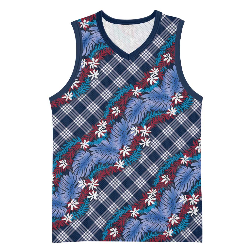 Polynesian Monstera Tiare Floral Basketball Jersey Royal Blue Tropical Plaid LT01 Unisex Blue - Polynesian Pride