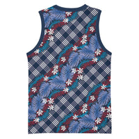 Polynesian Monstera Tiare Floral Basketball Jersey Royal Blue Tropical Plaid LT01 - Polynesian Pride