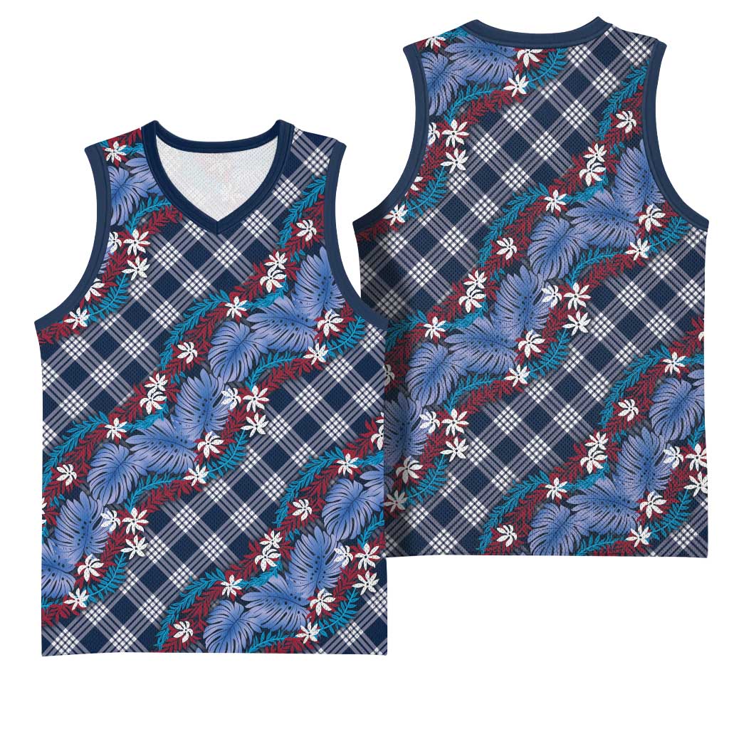 Polynesian Monstera Tiare Floral Basketball Jersey Royal Blue Tropical Plaid LT01 - Polynesian Pride