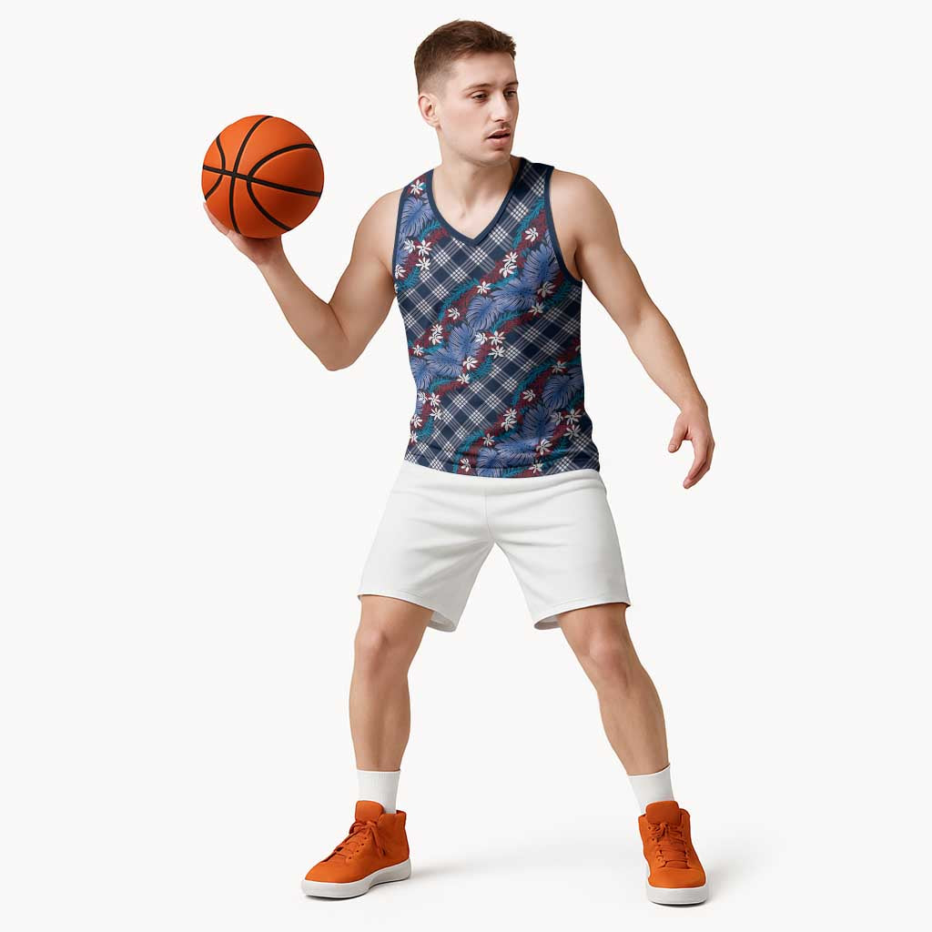 Polynesian Monstera Tiare Floral Basketball Jersey Royal Blue Tropical Plaid LT01 - Polynesian Pride