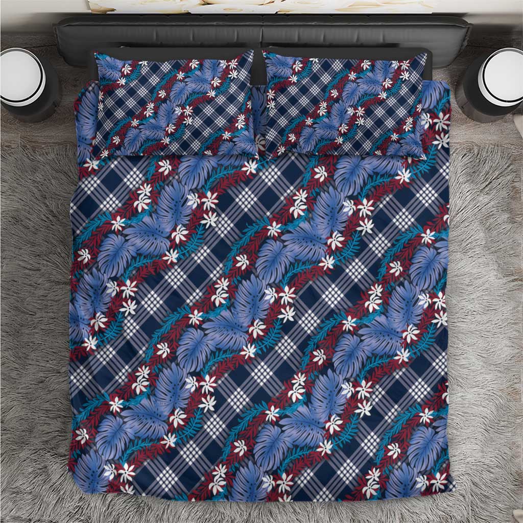 Polynesian Monstera Tiare Floral Bedding Set Royal Blue Tropical Plaid - Polynesian Pride