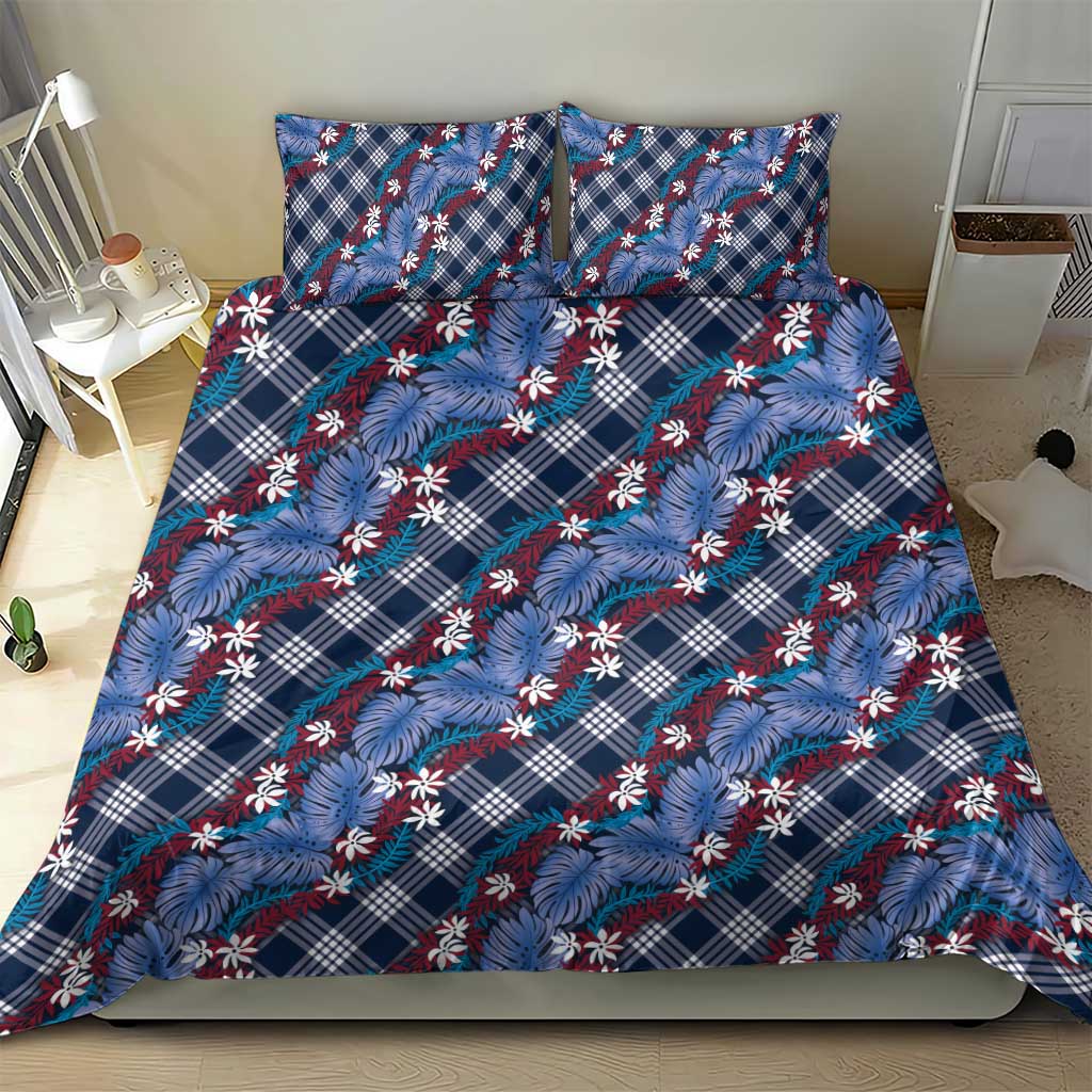 Polynesian Monstera Tiare Floral Bedding Set Royal Blue Tropical Plaid - Polynesian Pride