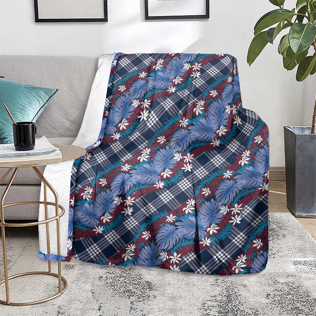 Polynesian Monstera Tiare Floral Blanket Royal Blue Tropical Plaid - Polynesian Pride