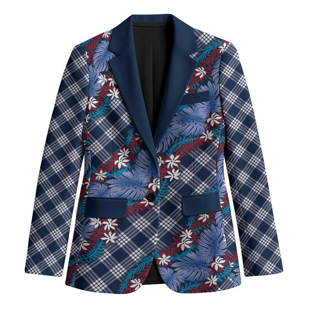 Polynesian Monstera Tiare Floral Blazer Royal Blue Tropical Plaid - Polynesian Pride
