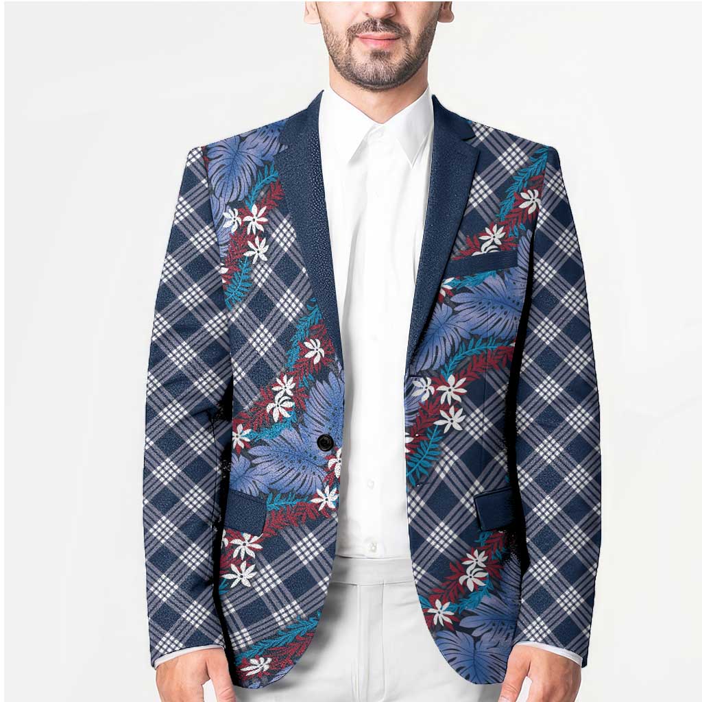 Polynesian Monstera Tiare Floral Blazer Royal Blue Tropical Plaid - Polynesian Pride