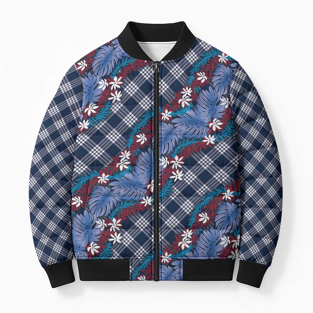 Polynesian Monstera Tiare Floral Bomber Puffer Jacket Royal Blue Tropical Plaid LT01 Unisex Blue - Polynesian Pride