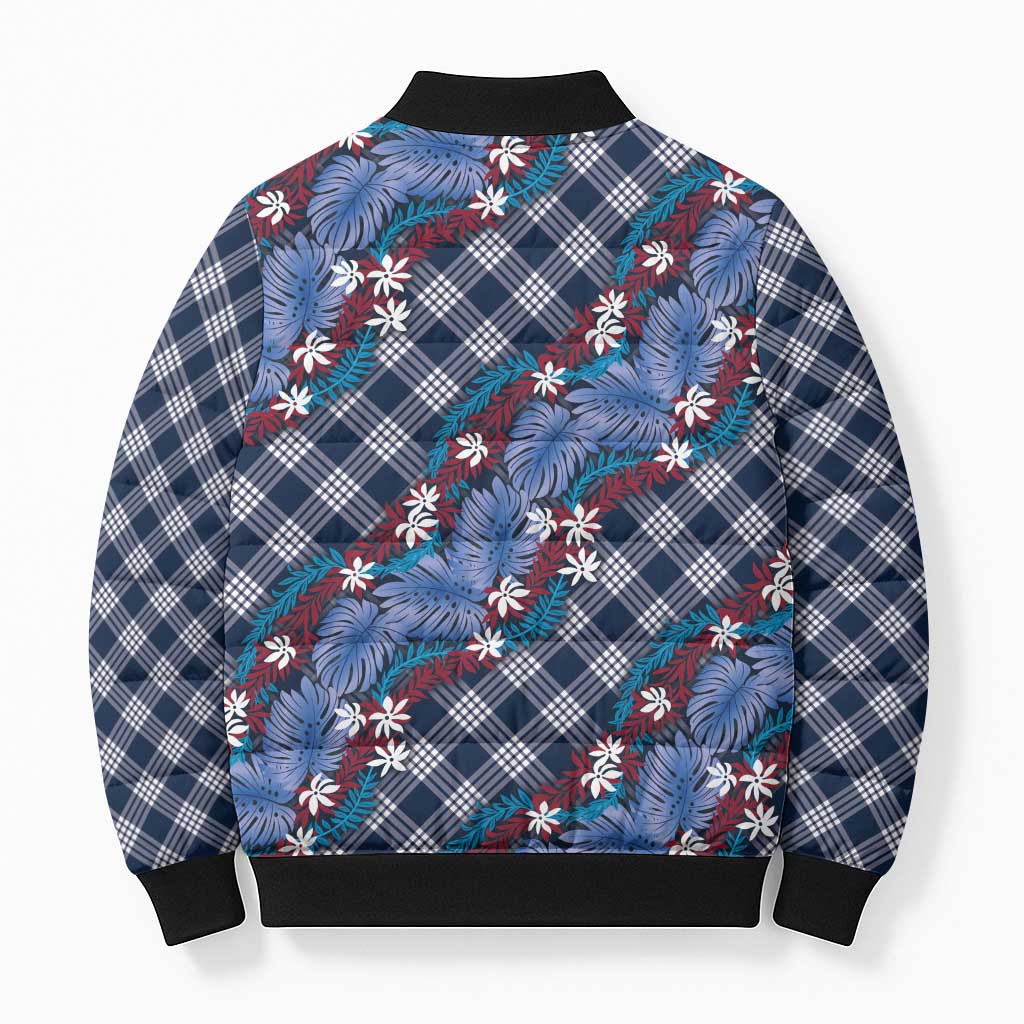 Polynesian Monstera Tiare Floral Bomber Puffer Jacket Royal Blue Tropical Plaid LT01 - Polynesian Pride