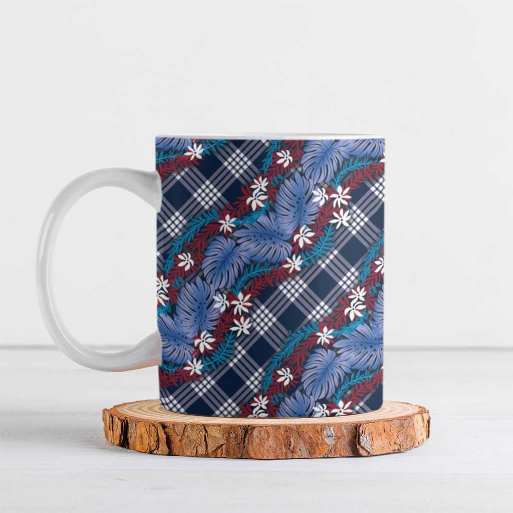 Polynesian Monstera Tiare Floral Ceramic Mug Royal Blue Tropical Plaid LT01 Blue - Polynesian Pride
