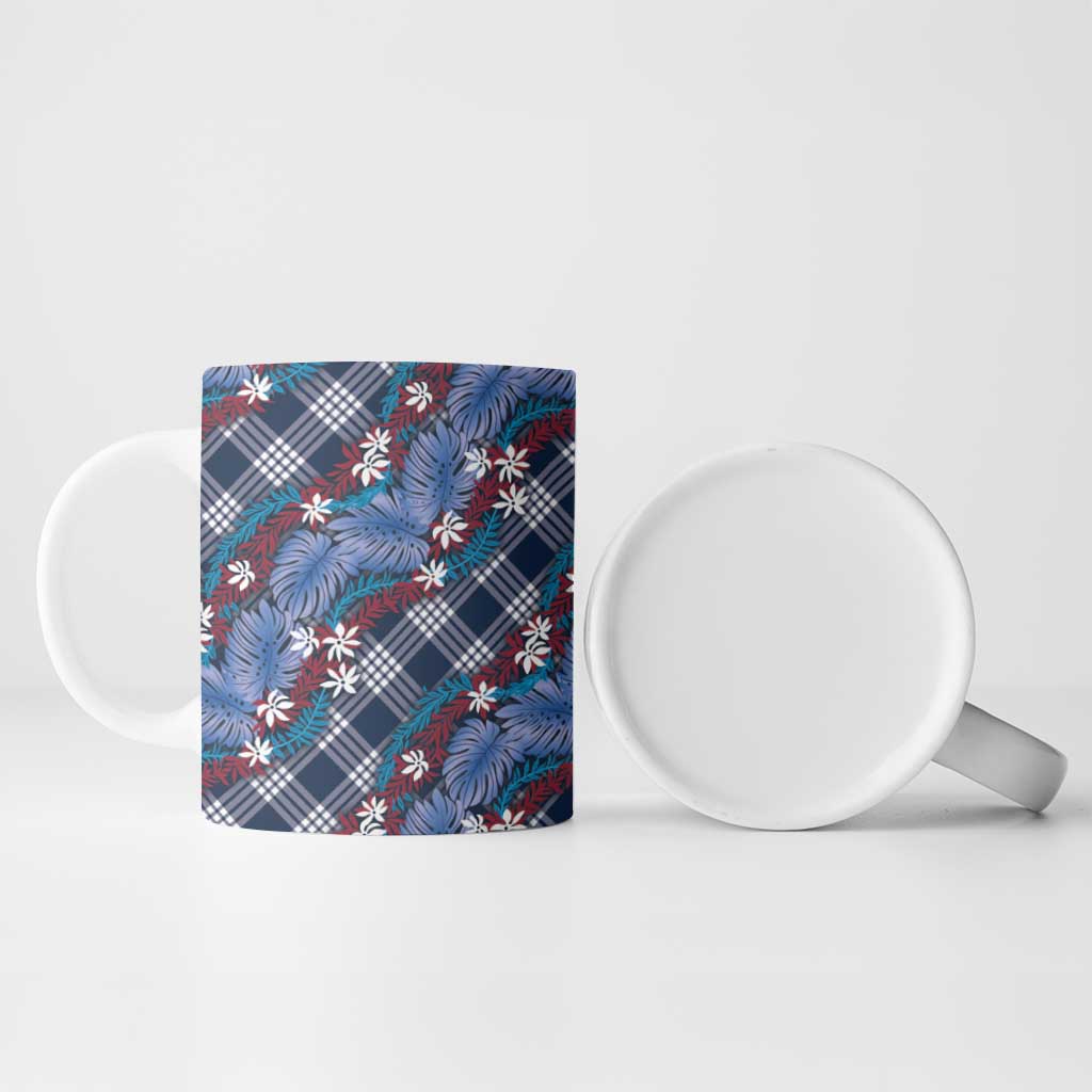 Polynesian Monstera Tiare Floral Ceramic Mug Royal Blue Tropical Plaid LT01 - Polynesian Pride