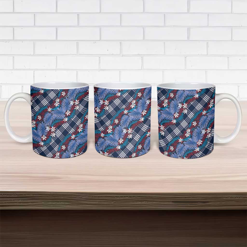 Polynesian Monstera Tiare Floral Ceramic Mug Royal Blue Tropical Plaid LT01 - Polynesian Pride