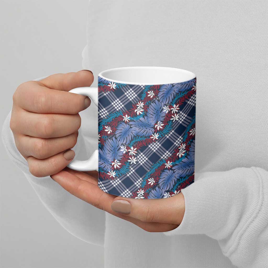 Polynesian Monstera Tiare Floral Ceramic Mug Royal Blue Tropical Plaid LT01 - Polynesian Pride