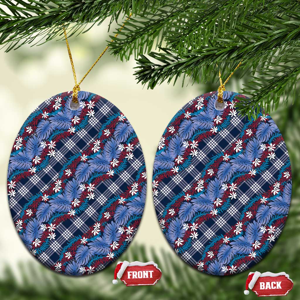 Polynesian Monstera Tiare Floral Ceramic Ornament Royal Blue Tropical Plaid LT01 Oval Blue - Polynesian Pride