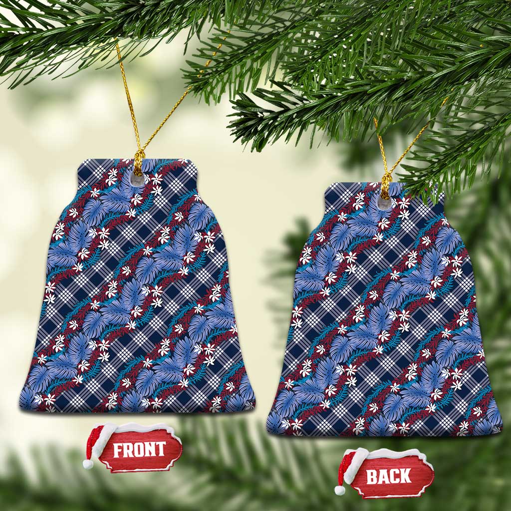 Polynesian Monstera Tiare Floral Ceramic Ornament Royal Blue Tropical Plaid LT01 Bell Flake Blue - Polynesian Pride