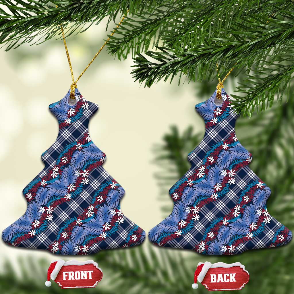 Polynesian Monstera Tiare Floral Ceramic Ornament Royal Blue Tropical Plaid LT01 Christmas Tree Blue - Polynesian Pride