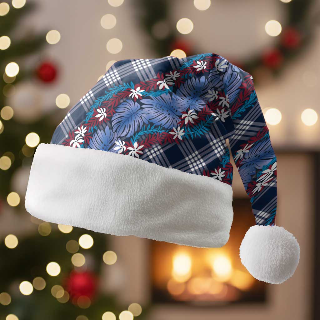 Polynesian Monstera Tiare Floral Christmas Santa Hat Royal Blue Tropical Plaid LT01 Without Fur Blue - Polynesian Pride