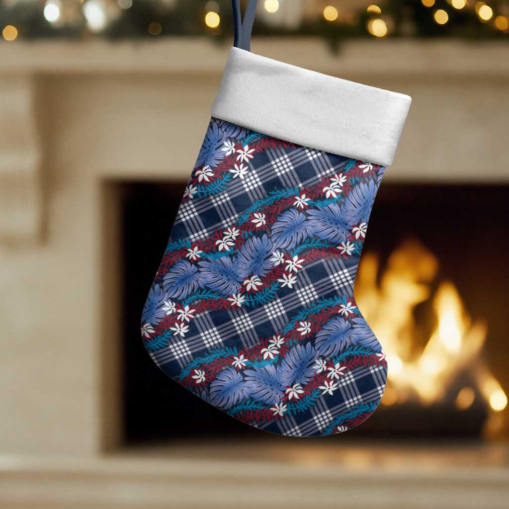 Polynesian Monstera Tiare Floral Christmas Stocking Royal Blue Tropical Plaid - Polynesian Pride