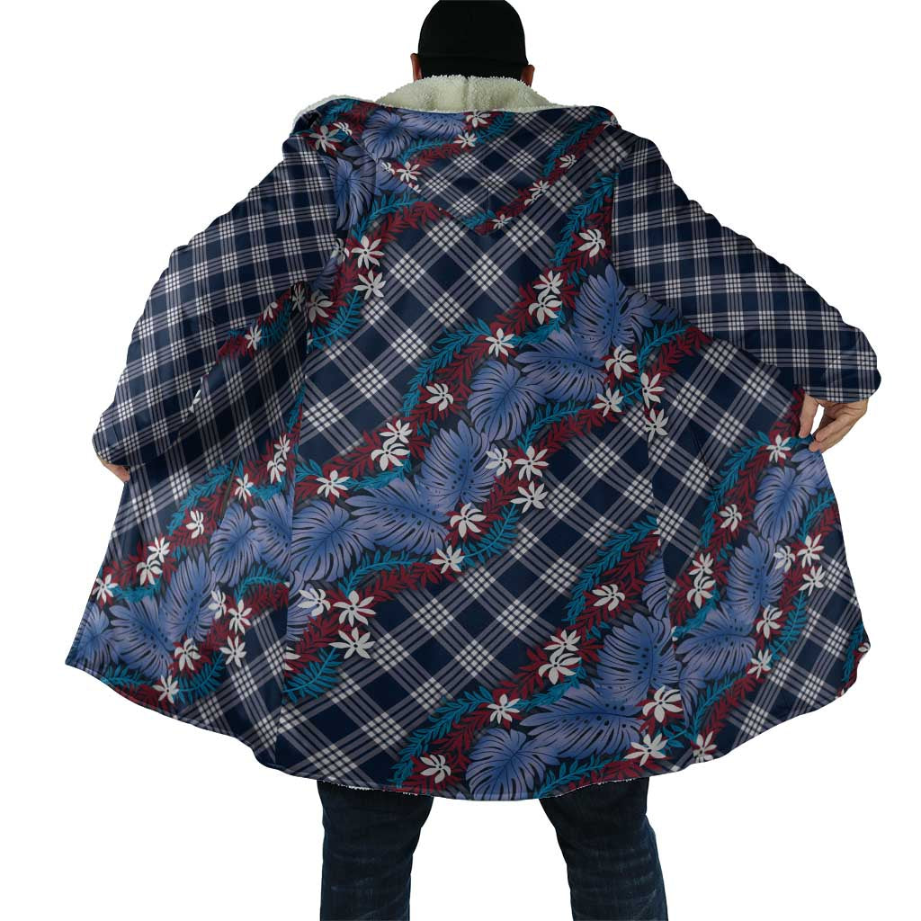 Polynesian Monstera Tiare Floral Cloak Royal Blue Tropical Plaid LT01 - Polynesian Pride